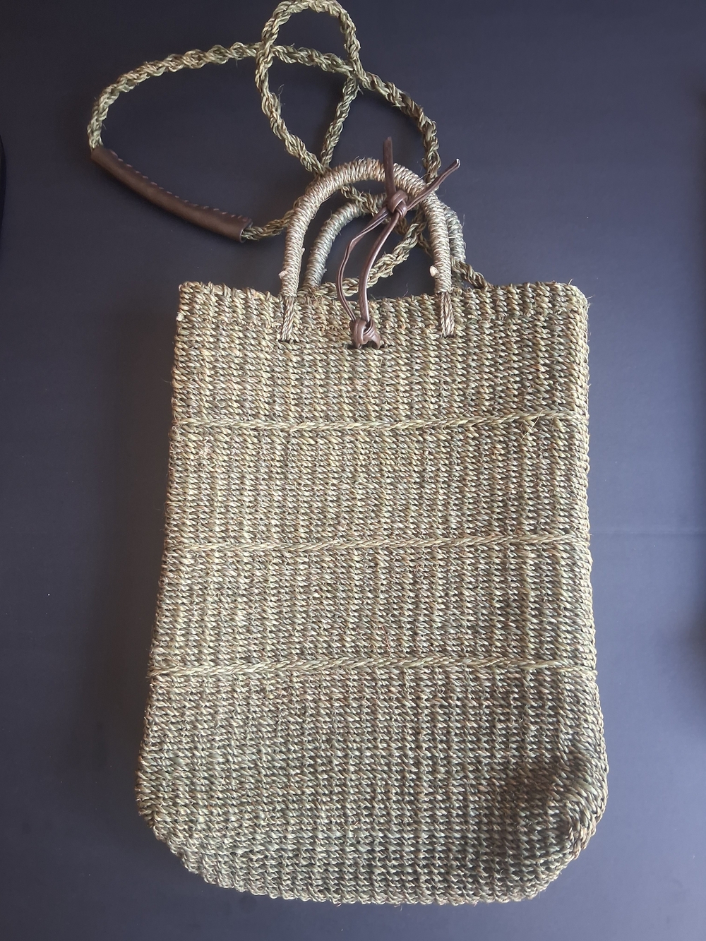 Woven Straw Tote Bag with Wooden Animal Accents - Olive Green - Picture 2 of 7